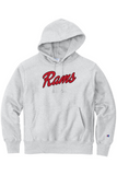 Gray hoodie with 'Rams' text on a white background
